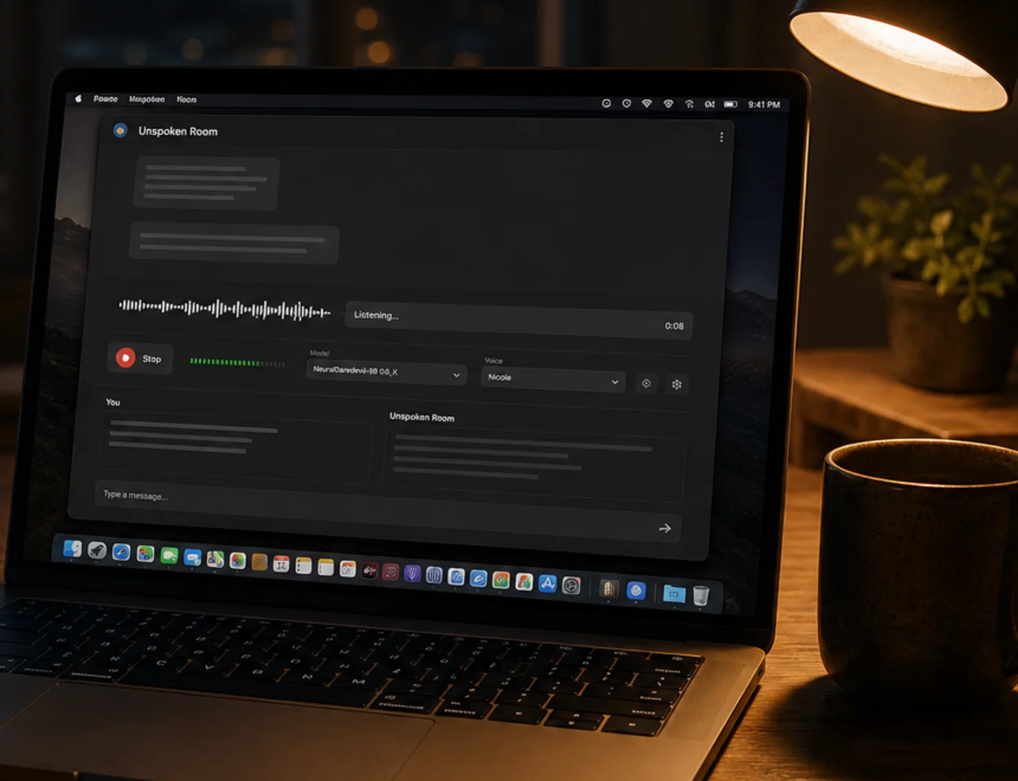 A MacBook on a desk showing a private local AI chat app with voice controls.